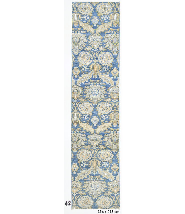 Oriental Runner Rug – Blue with Golden Accents – 354 x 78 cm – Hand-Knotted Wool