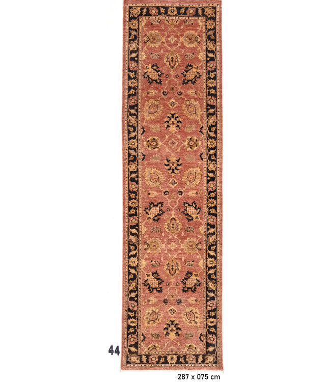 Orientalischer Läufer – Warmes Terrakotta mit schwarzen und goldenen Akzenten – 287 x 75 cm – Handgeknüpft aus Wolle