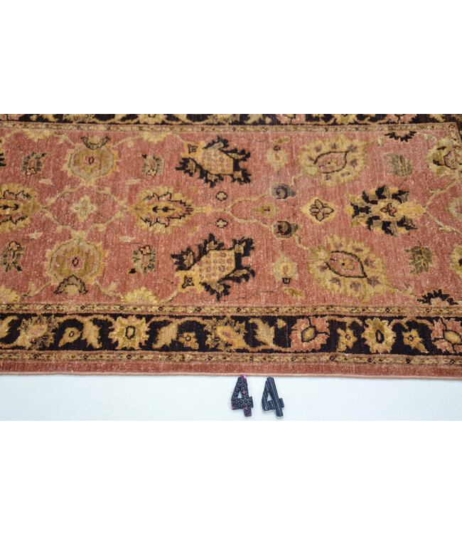 Oosterse loper – Warm terracotta met zwart en goud accenten – 287 x 75 cm – Handgeknoopt van wol