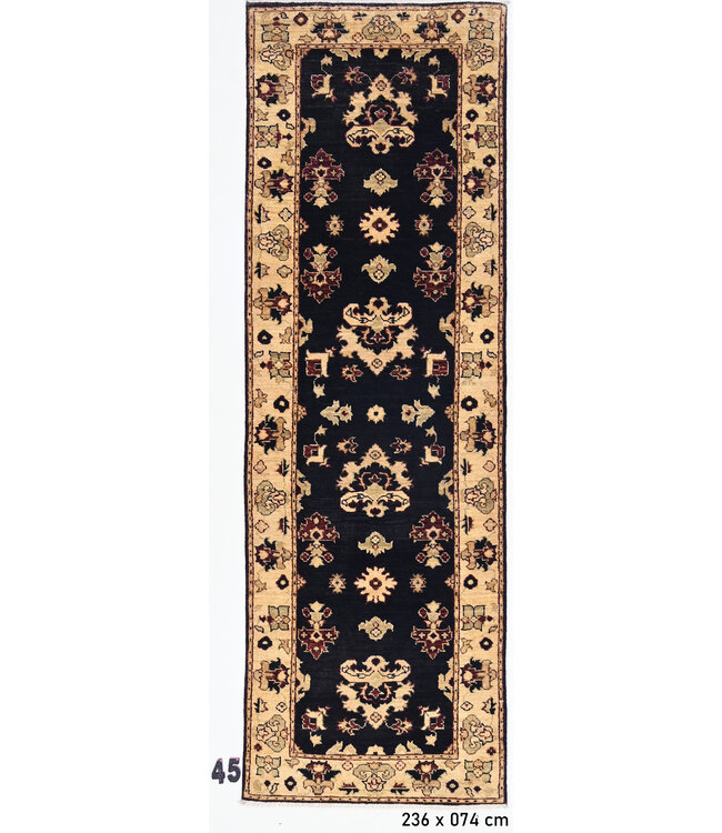 Orientalischer Läufer – Schwarz mit Creme und Bordeaux – 236 x 74 cm – Handgeknüpft aus Wolle