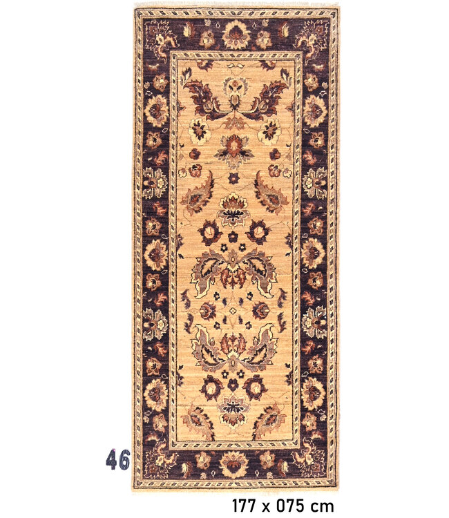 Oosterse loper – Beige met donkerbruin en warme accenten – 177 x 75 cm – Handgeknoopt van wol