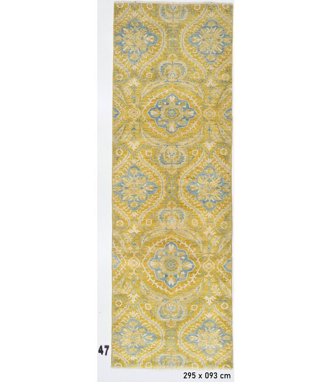 Oosterse loper – Geel, lichtblauw en crème – 295 x 93 cm – Handgeknoopt van wol