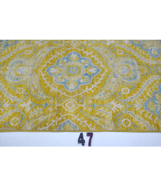 Oosterse loper – Geel, lichtblauw en crème – 295 x 93 cm – Handgeknoopt van wol