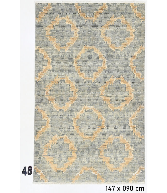 Modern Hand-Knotted Wool Rug – Grey & Beige Pattern – 147 x 90 cm
