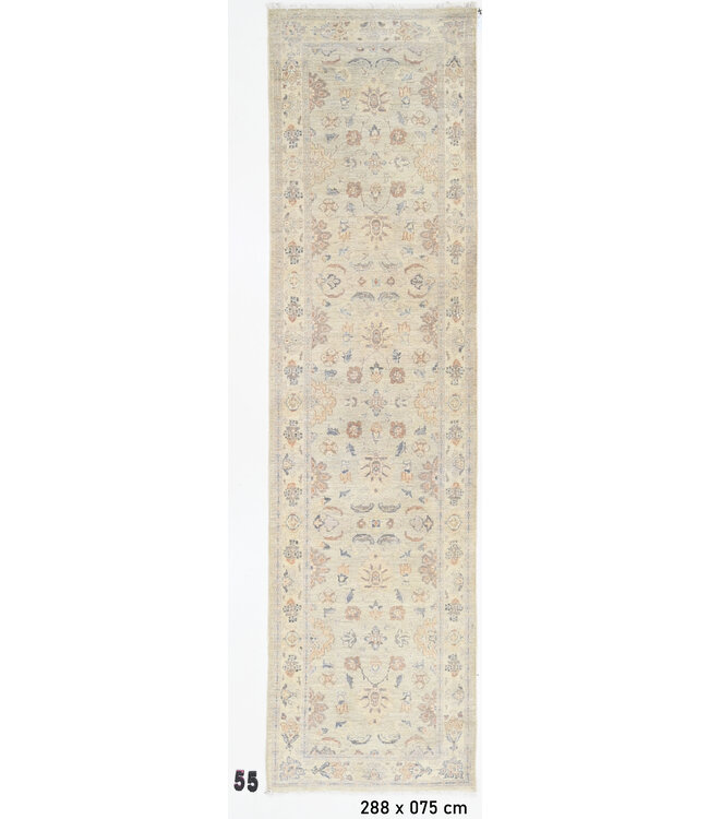 Loper – Handgeknoopt wollen tapijt in zacht pastel – 288 x 75 cm