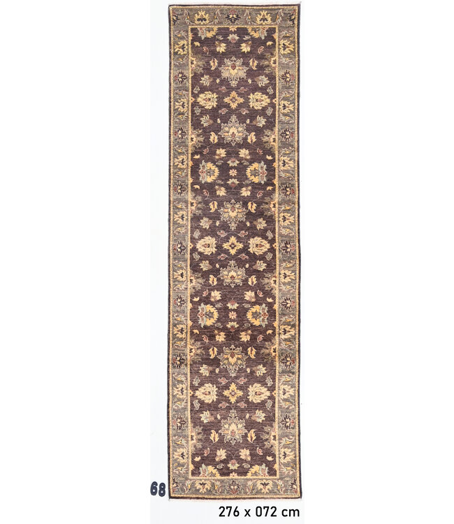 Loper – Handgeknoopt wollen tapijt "Herati" in chocoladebruin – 276 x 72 cm