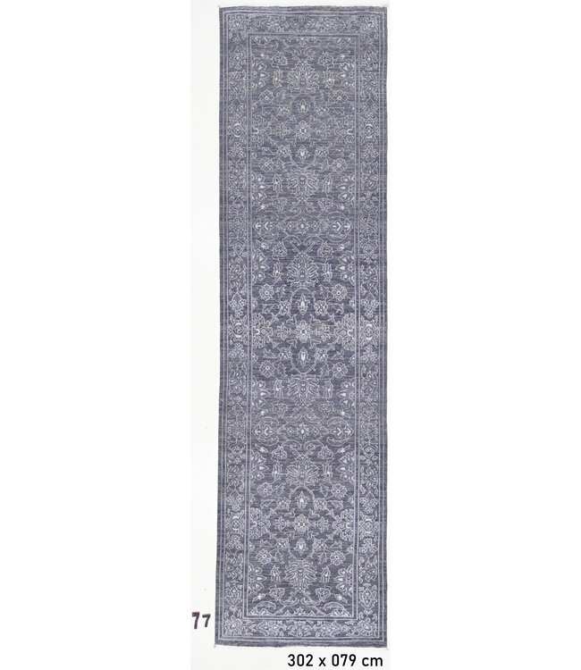 Loper – Handgeknoopt wollen tapijt "Herati" in grijs – 302 x 79 cm