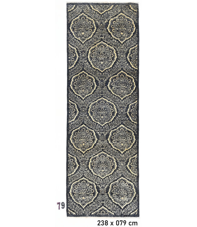 Loper – Handgeknoopt wollen tapijt "Medaillon Royal Zwart" – 238 x 79 cm