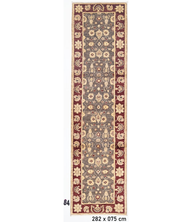 Runner – Hand-Knotted Wool Rug "Ziegler Grey-Bordeaux" – 282 x 75 cm