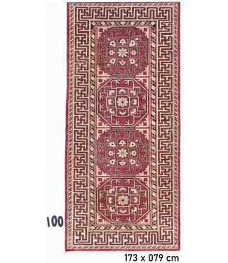 Handgeknoopte Tapijt – Geometrisch Patroon, Rood-Beige-Zwart, 173 x 79 cm