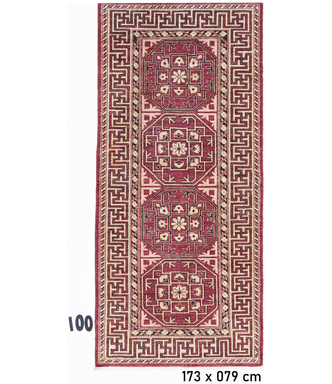 Hand-Knotted Rug – Geometric Pattern, Red-Beige-Black, 173 x 79 cm