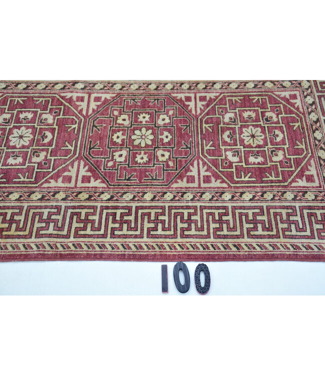 Hand-Knotted Rug – Geometric Pattern, Red-Beige-Black, 173 x 79 cm