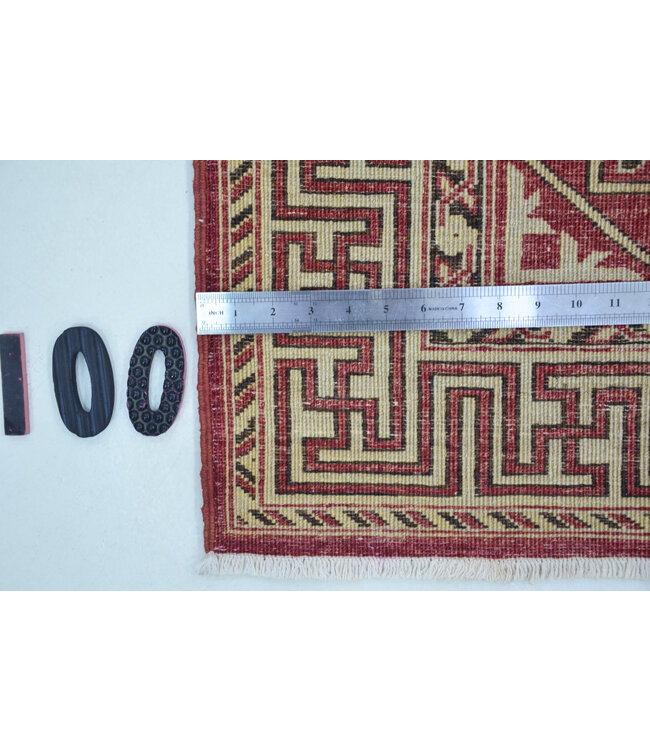 Hand-Knotted Rug – Geometric Pattern, Red-Beige-Black, 173 x 79 cm