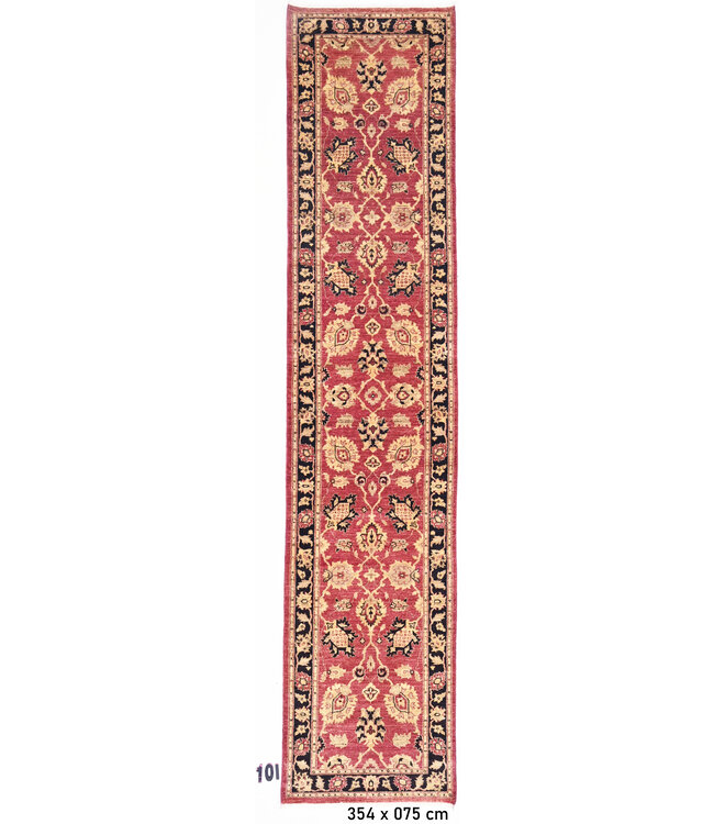 Vintage Red Hand-Knotted Wool Rug - Ziegler Pattern - 354 x 75 cm