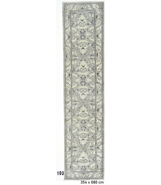 Moderner Grauer Handgeknüpfter Wollteppich - Vintage Muster - 354 x 80 cm