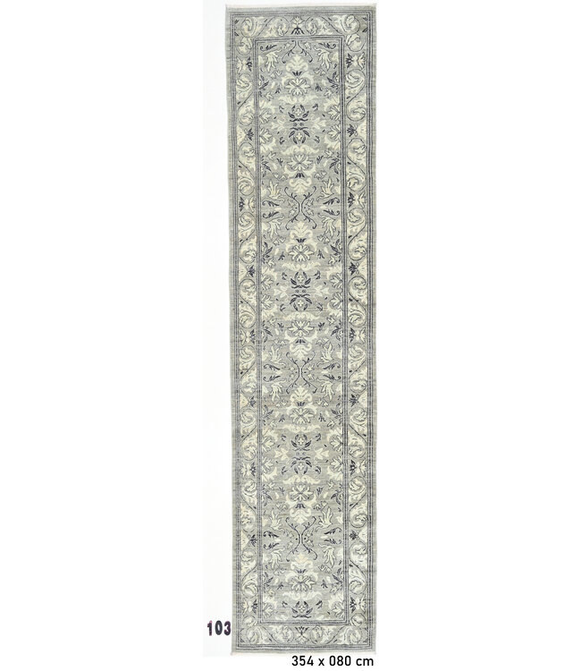 Modern Gray Hand-Knotted Wool Rug - Vintage Pattern - 354 x 80 cm