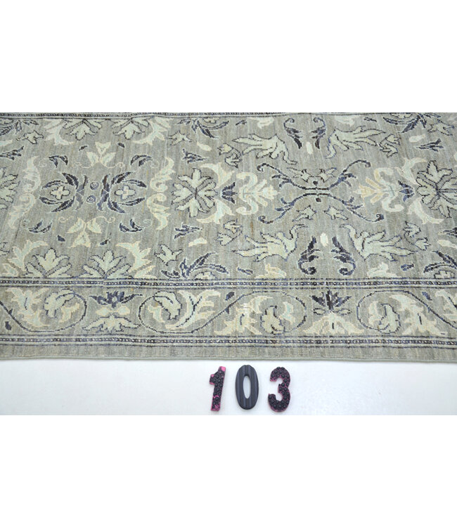 Moderne Grijze Handgeknoopt Wol Tapijt - Vintage Patroon - 354 x 80 cm