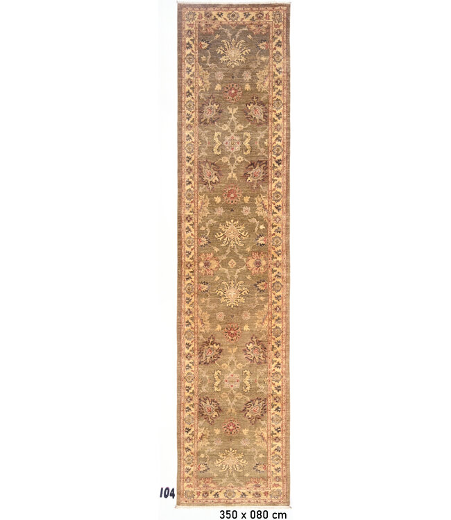 Antieke Olijfgroene Handgeknoopt Wol Tapijt - Ziegler Patroon - 350 x 80 cm