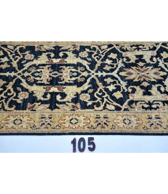 Schwarz Gelber Handgeknüpfter Wollteppich - Kazak Muster - 240 x 79 cm