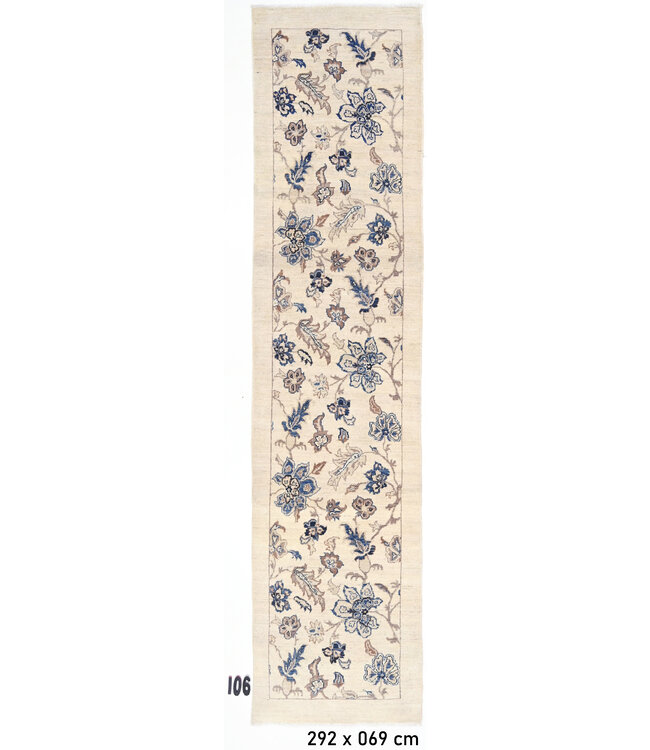 Cream Hand-Knotted Wool Rug - Vintage Pattern - 292 x 69 cm