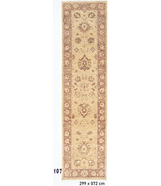 Beige Handgeknoopt Wol Tapijt - Ziegler Patroon - 299 x 72 cm