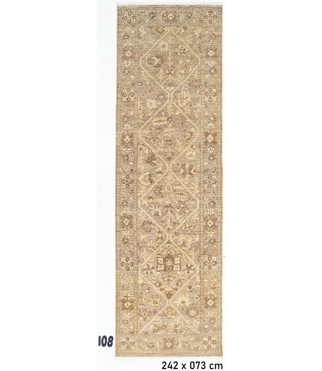 Beige Handgeknoopt Wol Tapijt - Ziegler Patroon - 242 x 73 cm