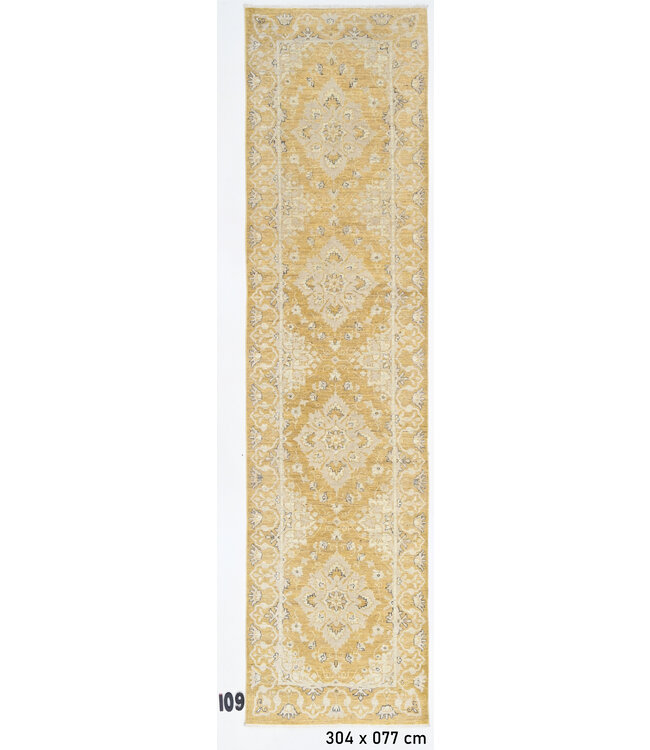 Geel Handgeknoopt Wol Tapijt - Ziegler Patroon - 304 x 77 cm