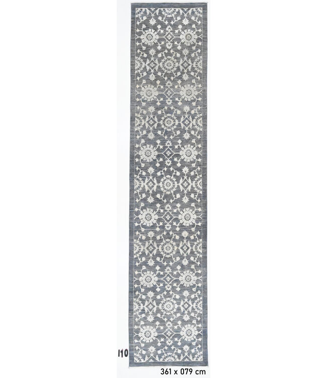 Gray Hand-Knotted Wool Rug - Kazak Pattern - 361 x 79 cm