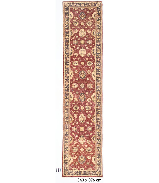 Red Hand-Knotted Wool Rug - Ziegler Pattern - 343 x 76 cm