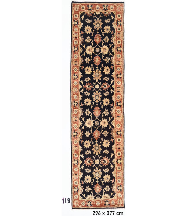 Schwarzes Ziegler Teppich – 296 x 077 cm – Handgeknüpft aus Wolle