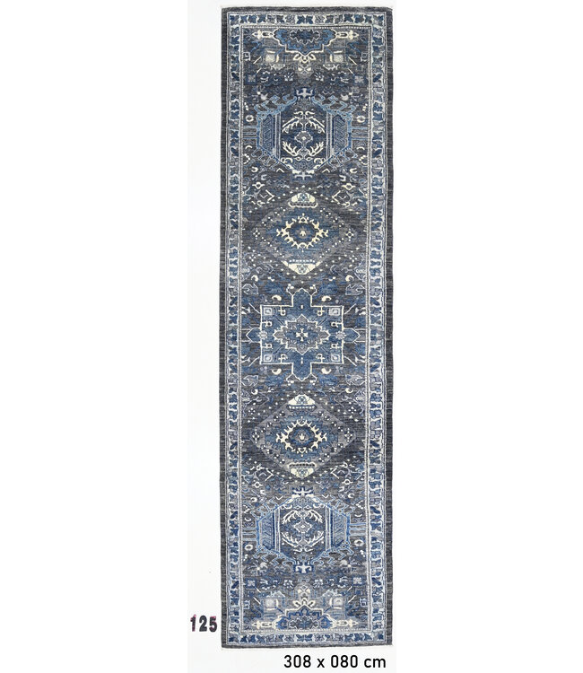 Vintage Blue Kazak Pattern Hand-Knotted Wool Rug 308 x 080 cm