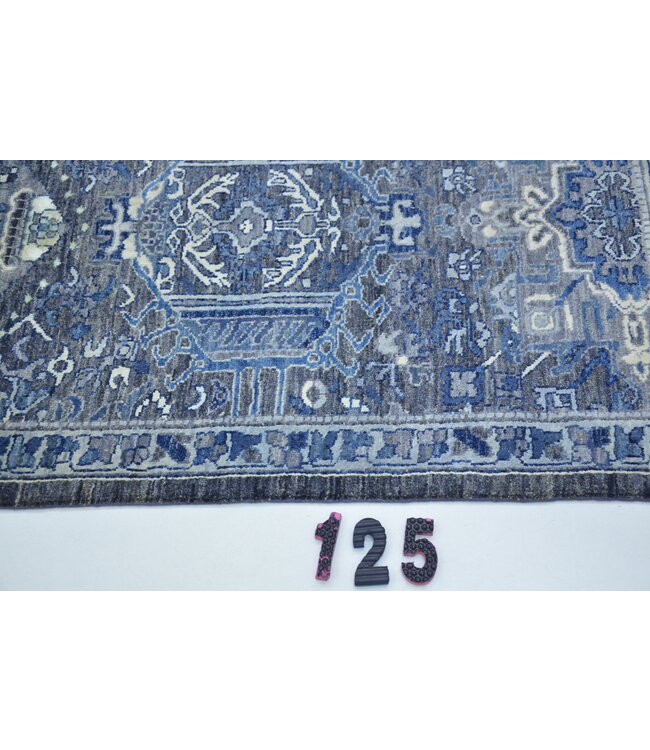 Vintage Blauwe Kazak Patroon Handgeknoopt Wollen Tapijt 308 x 080 cm