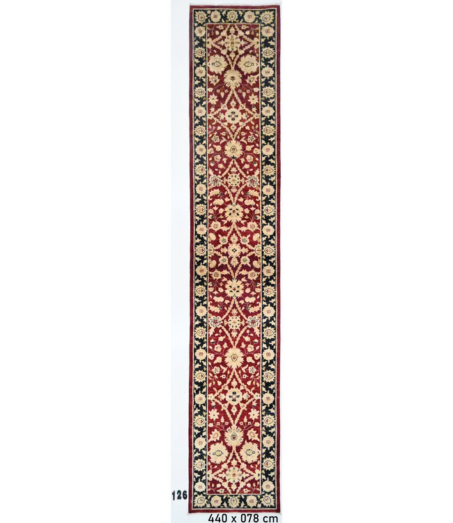 Antikes Rot, Schwarz und Beige Handgeknüpfter Teppich – 440 x 078 cm