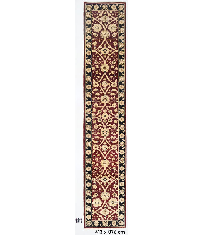 Antique Red, Black, and Beige Hand-Knotted Wool Rug – 413 x 076 cm