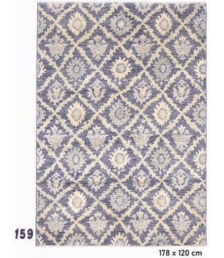 Modern Handgeknoopt Blauw en Geel Tapijt met Geometrisch Bloemenmotief, 178 x 120 cm