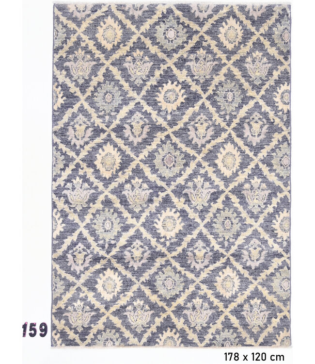 Modern Handgeknoopt Blauw en Geel Tapijt met Geometrisch Bloemenmotief, 178 x 120 cm