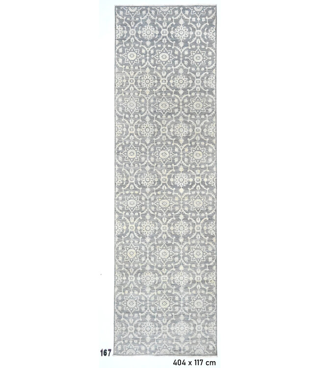 Grijs Modern loper vloerkleed – handgeknoopt wollen tapijt – 404 x 117 cm