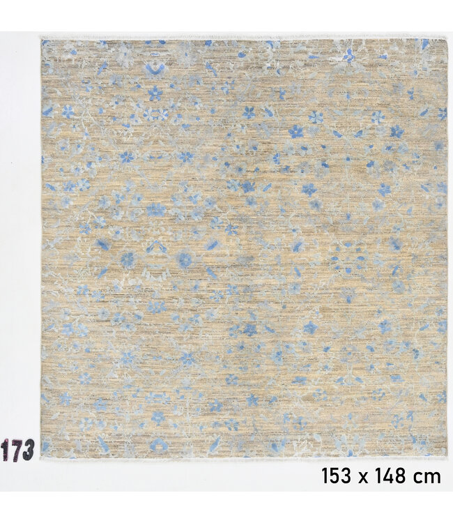 Beige-blauw Modern vloerkleed – handgeknoopt wollen tapijt – 153 x 148 cm