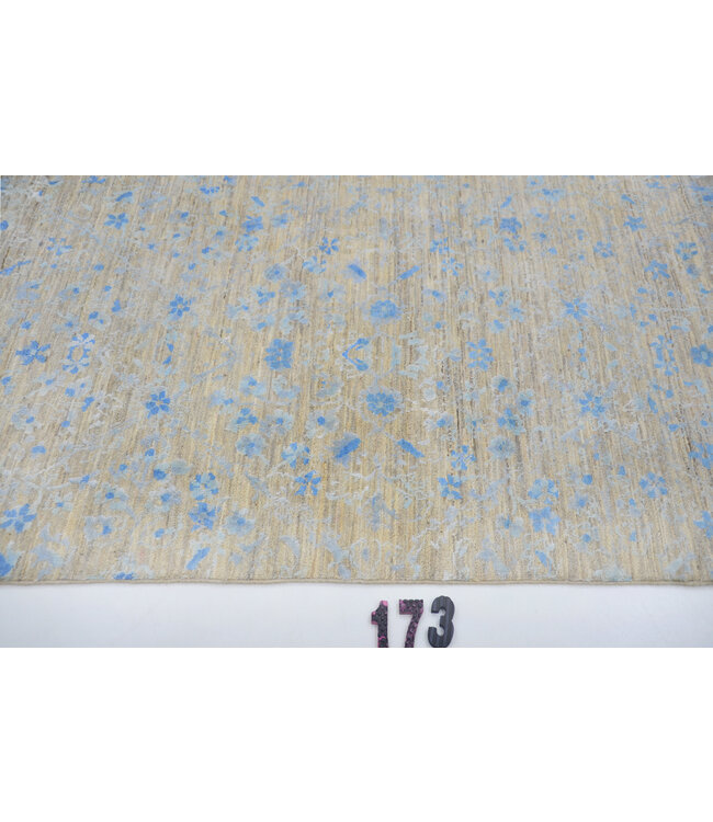 Beige-blauw Modern vloerkleed – handgeknoopt wollen tapijt – 153 x 148 cm