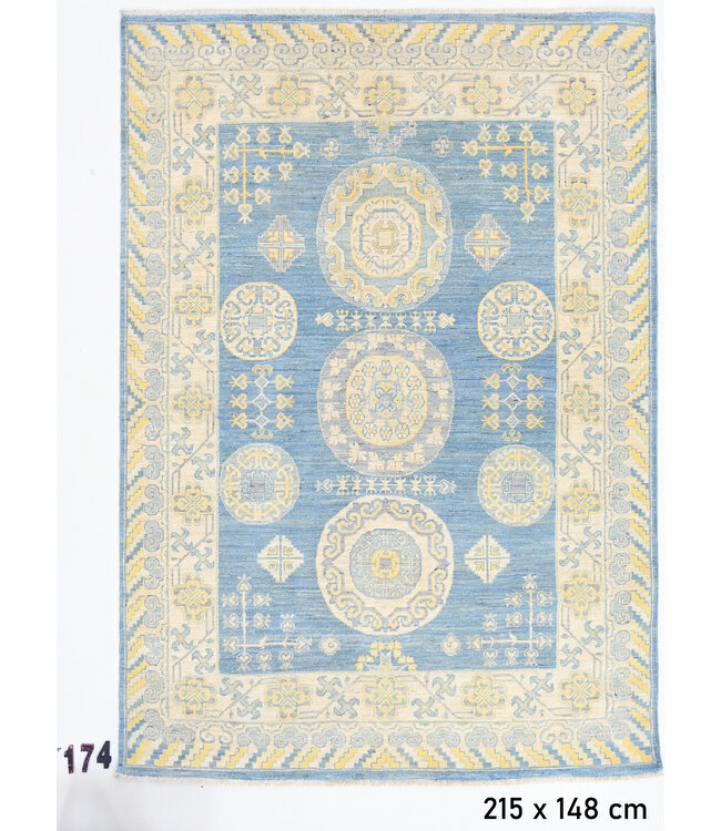 Blauw-geel Kazak vloerkleed – handgeknoopt wollen tapijt – 215 x 148 cm