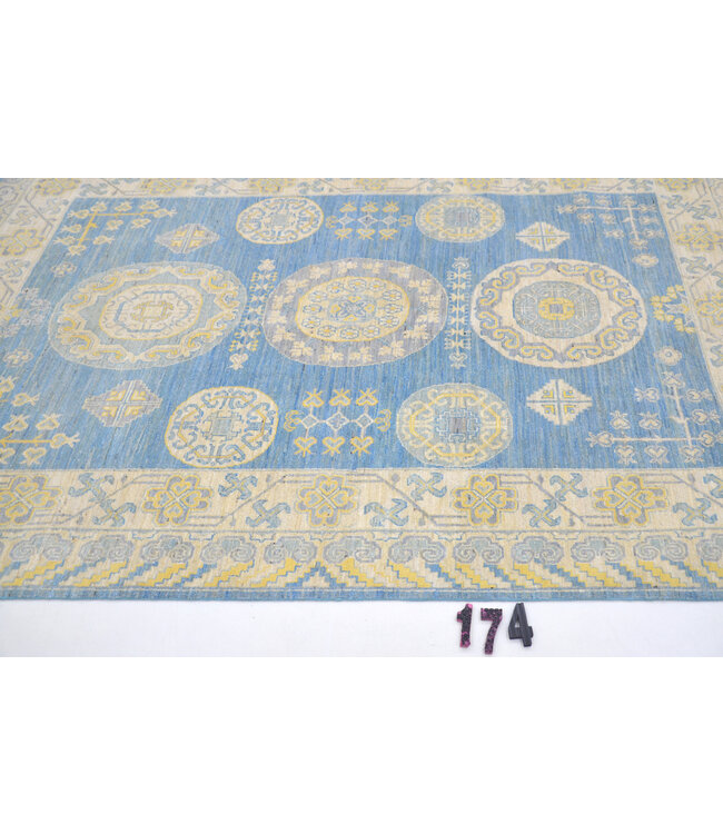 Blauw-geel Kazak vloerkleed – handgeknoopt wollen tapijt – 215 x 148 cm