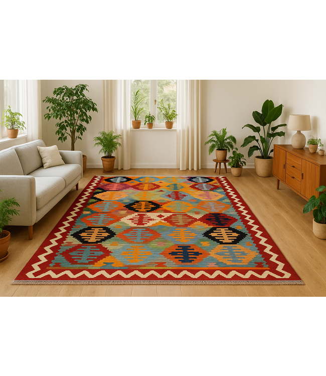 296x196cm Mooie handgeweven Kelim vloerkleed wollen oosterse tapijt