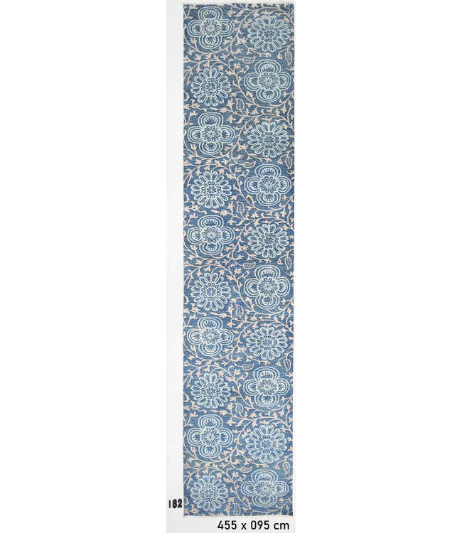 Blauer Blumen Vintage Läufer – handgeknüpfter Wollteppich – 455 x 095 cm
