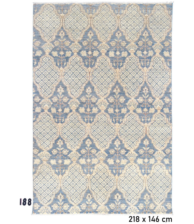 Blue Beige Ziegler Rug – Hand-knotted Wool Carpet – 218 x 146 cm