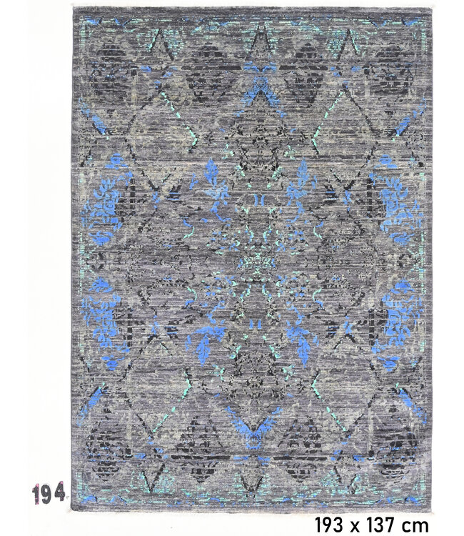 Grau-blauer Moderner Teppich – handgeknüpfter Wollteppich – 193 x 137 cm