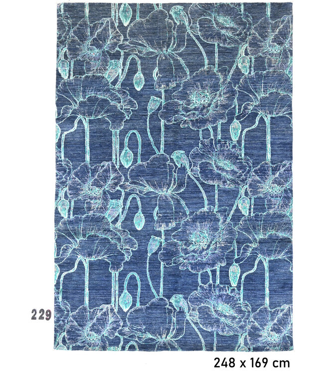 Modern Blue Hand-Knotted Wool Rug with Floral Pattern - 248 x 169 cm