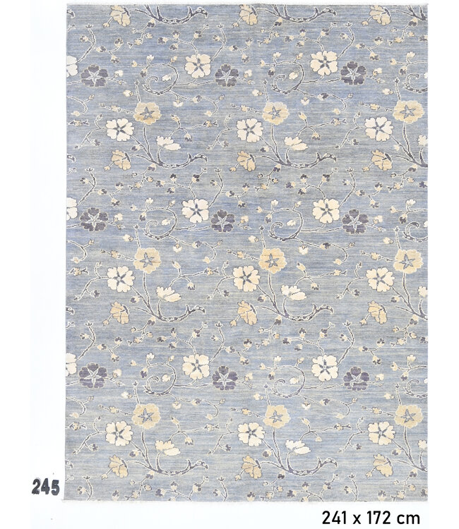 Blau-Gelbes Vintage Handgeknüpftes Wollteppich mit Blumenmuster – 241 x 172 cm