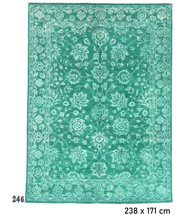 Grünes Vintage Handgeknüpftes Wollteppich mit Eleganten Blumenmuster – 238 x 171 cm