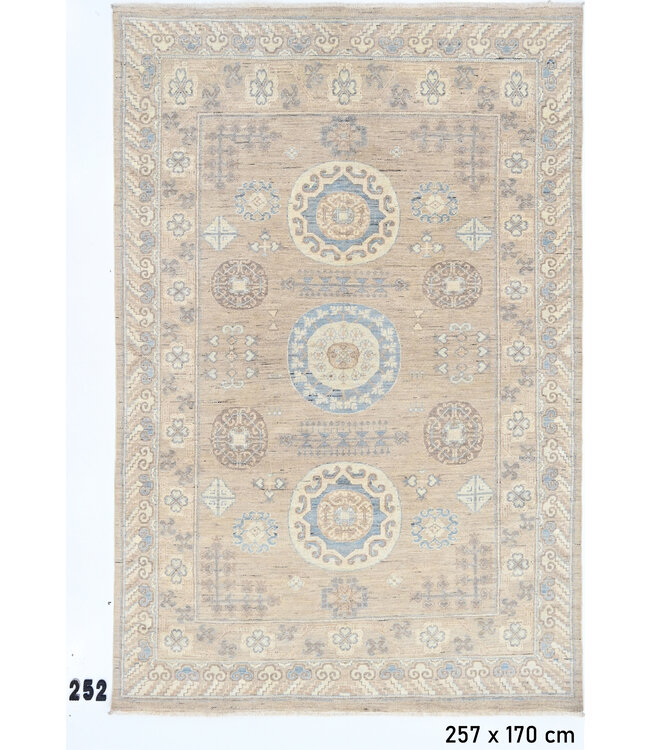 Beige Vintage Handgeknoopt Wol Tapijt met Geometrisch Patroon – 257 x 170 cm