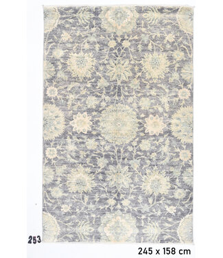 Grau-Beiges Vintage Handgeknüpftes Wollteppich mit Blumenmuster – 245 x 158 cm